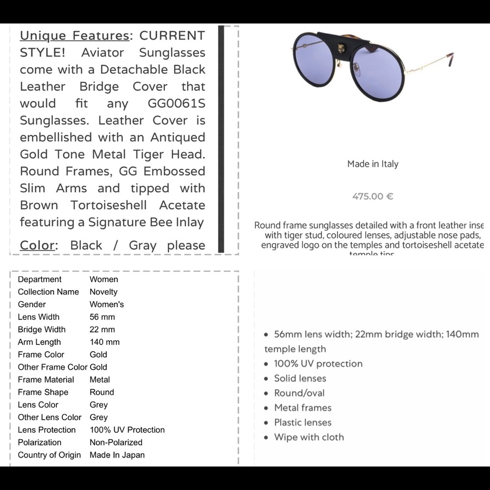 GUCCI UNISEX ROUND SUNGLASSES WITH DETACHABLE BLACK LEATHER & LOGO TIGER HEAD - Picture 11 of 16